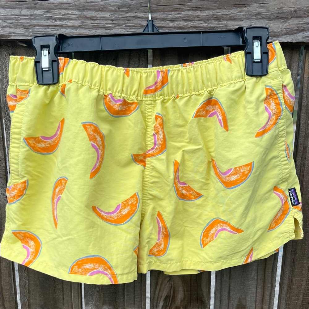 Patagonia Yellow Shorts with Orange Melon Design